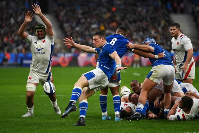 Paolo Garbisi of Italy clears the ball from the scrum during the Guinness Six Nations match between France and Italy at Stade de France on February 06, 2022 in Paris, France.