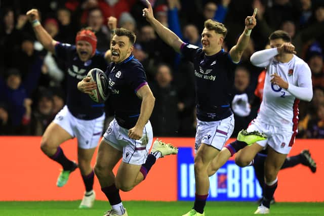  Ben White of Scotland breaks clear to score a try on his international debut during the Guinness Six Nations match between Scotland and England at BT Murrayfield Stadium on February 05, 2022 in Edinburgh, Scotland