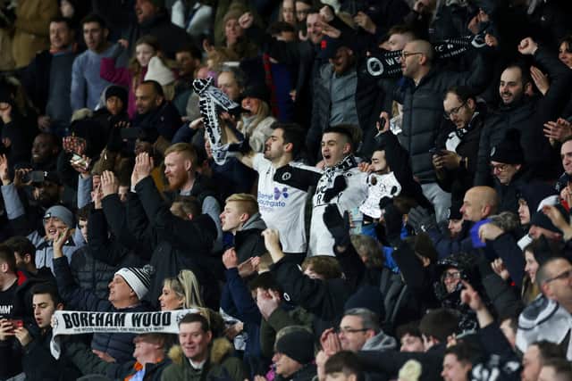 Boreham Wood fans celebrate after victory in the Emirates FA Cup Fourth Round match between AFC Bournemouth and Boreham Wood at Vitality Stadium