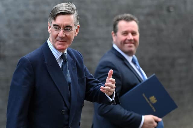 Former Leader of the House of Commons Jacob Rees-Mogg (L) and ex-Chief Whip Mark Spencer leave from 10 Downing Street (Photo by JUSTIN TALLIS/AFP via Getty Images)
