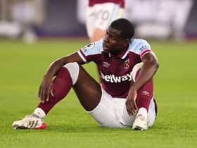 Kurt Zouma of West Ham United looks dejected after  the Premier League match between West Ham United and Watford at London Stadium on February 8, 2022 in London, United Kingdom