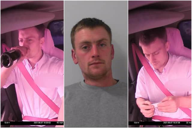 Mason Cowgill was banned from driving for 32 months after footage showed him swigging from a bottle of champagne and on the phone while driving a work’s truck. He pled guilty to  dangerous driving.