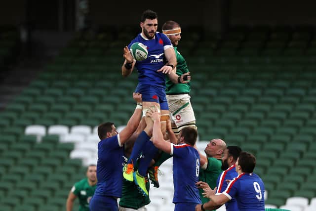 Charles Ollivon of France wins a lineout ahead of Iain Henderson of Ireland  during the Guinness Six Nations match between Ireland and France at Aviva Stadium on February 14, 2021 in Dublin