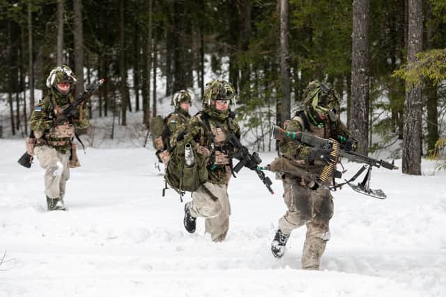 Members of Estonian army during military training together with United Kingdom soldiers at Central Training Area on February 8, 2022 in Lasna, Estonia. (Getty Images)