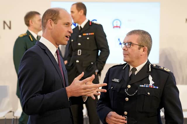 Prince William speaks to Martin Hewitt, Chair of the National Police Chiefs’ Council (NPCC) during The Royal Foundation’s Emergency Services Mental Health Symposium in 2021 (image: Andrew Matthews - WPA Pool/Getty Images)