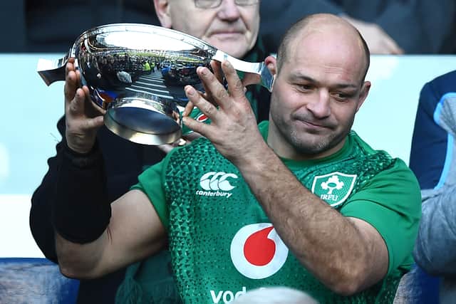 Ireland's hooker Rory Best holds aloft the Centenary Quaich trophy after winning the Six Nations international rugby union match between Scotland and Ireland at Murrayfield in Edinburgh, Scotland on Febuary 9, 2019