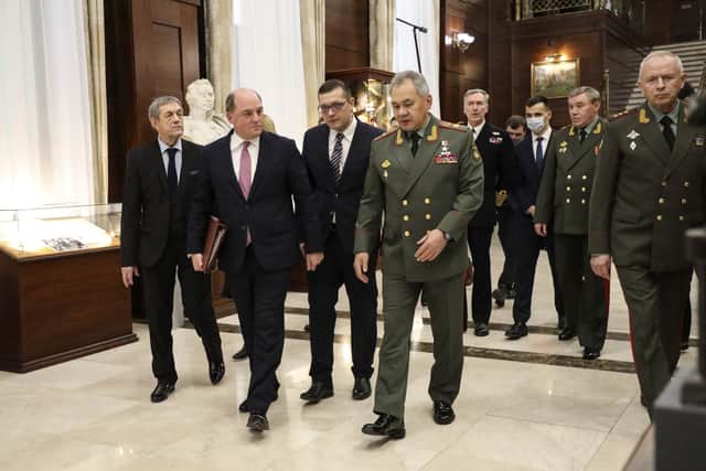 Ministry of Defence (MoD) of Defence Secretary Ben Wallace (second left) walking with his counterpart Defence Minister of the Russian Federation, Sergei Shoigu (fourth left), during talks in Moscow, Russia.