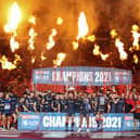St Helens celebrate winning the 2021 Super League title.