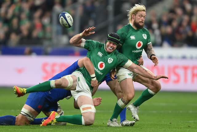 James Ryan of Ireland is tackled during the Six Nations match between France and Ireland at Stade de France on February 12, 2022 in Paris, France