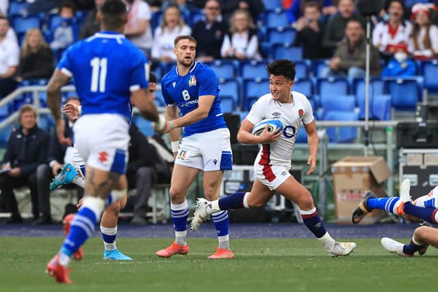 Marcus Smith of England breaks clear to score their first try during the Guinness Six Nations match between Italy and England at the Stadio Olimpico on February 13, 2022 in Rome, Italy.