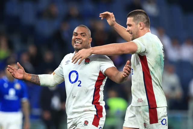  Kyle Sinckler (L) of England celebrates with team mate Charlie Ewels after scoring their firth try during the Guinness Six Nations match between Italy and England at the Stadio Olimpico on February 13, 2022 in Rome, Italy