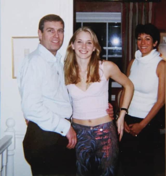 The Duke of York, Virginia Giuffre (centre) and Ghislaine Maxwell (image: US Department of Justice)