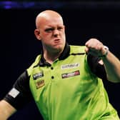 Michael van Gerwen of The Netherlands celebrates in his Semi-Final match against Jonny Clayton of Wales during Night 17 of the Unibet Premier League Darts at Marshall Arena on May 28, 2021 in Milton Keynes, England