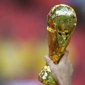 A replica FIFA World Cup trophy is held aloft during the 2018 FIFA World Cup Russia group E match between Serbia and Brazil at Spartak Stadium on June 27, 2018 in Moscow, Russia