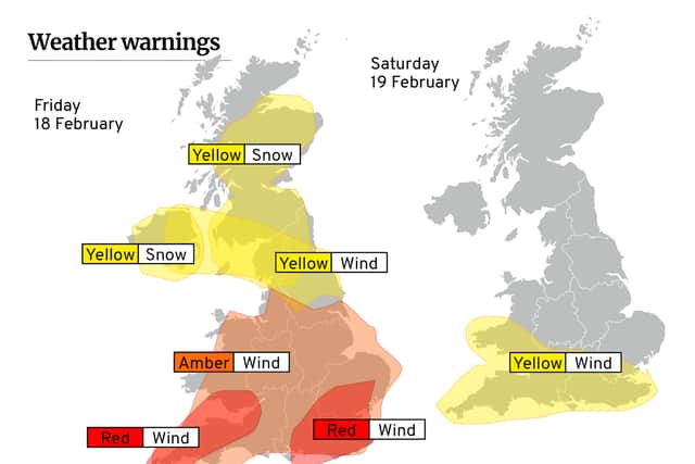Weather warnings today as Storm Eunice hits UK (Graphic: Kim Mogg)