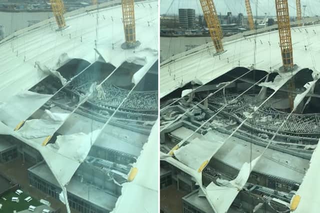 The roof of the O2 Arena has been seriously damaged by Storm Eunice (Photo: Twitter / @BJFHubbard)