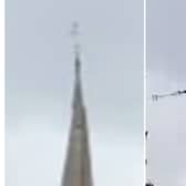 Video captures the moment the spire toppled from the church (Photo: Twitter / @djstay81)