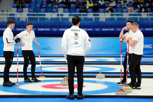 Team Great Britain Coach David Murdoch looks on as Team Great Britain compete against Team Sweden during the Men's Curling Gold Medal Game on Day 14 of the Beijing 2022 Winter Olympic Games at National Aquatics Centre on February 19, 2022 in Beijing, China