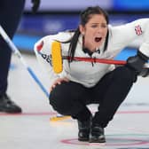 Eve Muirhead of Team Great Britain reacts while competing against Team Sweden during the Women's Semi-Final on Day 14 of the Beijing 2022 Winter Olympic Games at National Aquatics Centre on February 18, 2022 in Beijing, China