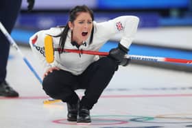 Eve Muirhead of Team Great Britain reacts while competing against Team Sweden during the Women's Semi-Final on Day 14 of the Beijing 2022 Winter Olympic Games at National Aquatics Centre on February 18, 2022 in Beijing, China