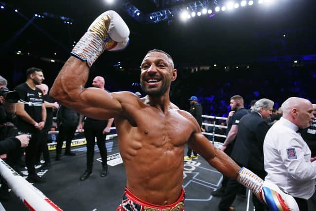 Kell Brook celebrates victory over Amir Khan (not pictured) during their Welterweight contest at AO Arena on February 19, 2022 in Manchester, England