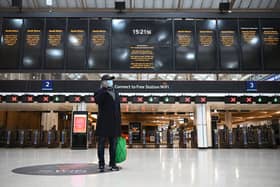 A special notice at Charing Cross station informs passengers that all Southeastern train services have been suspended due to the severe weather conditions on February 18, 2022 in London, England. (Photo by Leon Neal/Getty Images)