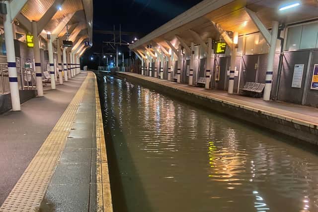 Photo issued by Network Rail of Rotherham Central train station which remains closed due to flood water (Photo: PA/Network Rail)
