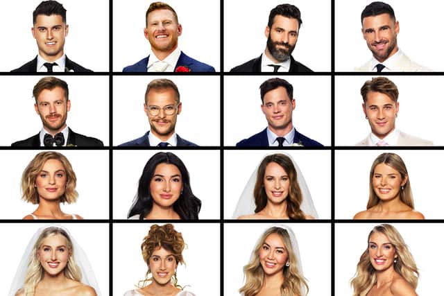 The cast of Married at First Sight: Australia, stacked atop each other like unusually photogenic University Challenge teams (Credit: E4)