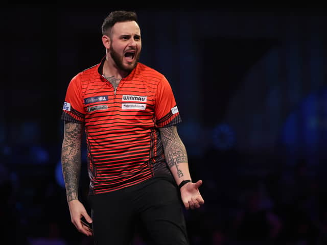  Joe Cullen reacts during his Third Round Match against Martijn Kleermaker of Netherlands during Day Eleven of the William Hill World Darts Championship at Alexandra Palace on December 28, 2021 in London, England