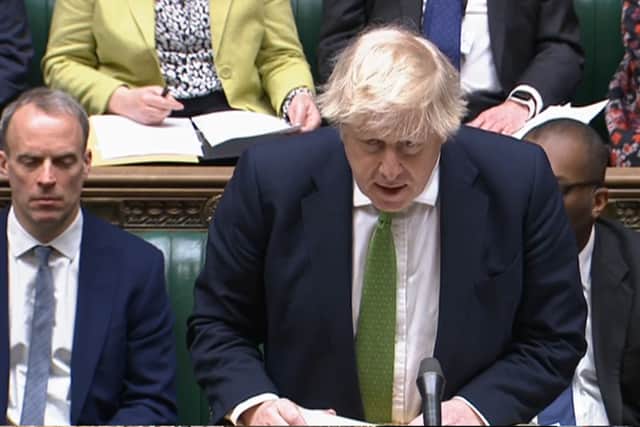 Prime Minister Boris Johnson updates MPs in the House of Commons in London on the latest situation regarding Ukraine. 