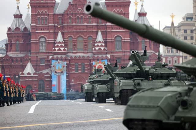 Russia often publicly showcases its military strength with parades, like this one marking VE day in 2021 (image: AFP/Getty Images)