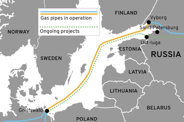 Map of Nord Stream and Nord Stream 2. (Credit: Mark Hall/JPIMedia)