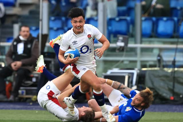 Marcus Smith of England scores their team's first try during the Guinness Six Nations match between Italy and England at Stadio Olimpico on February 13, 2022 in Rome, Italy