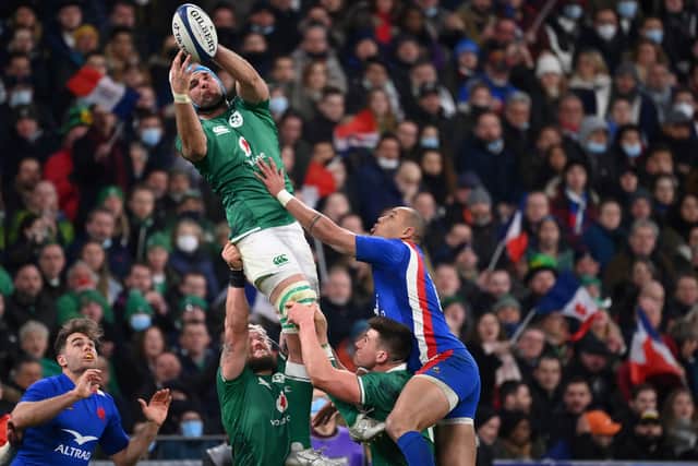 Ireland's lock Tadhg Beirne catches the ball during the Six Nations rugby union international match between France and Ireland at the Stade de France, in Saint-Denis, north of Paris, on February 12, 2022