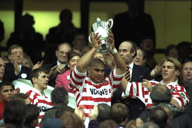 Tuigamala celebrates 1996 Sevens tournament win with Wigan Warriors