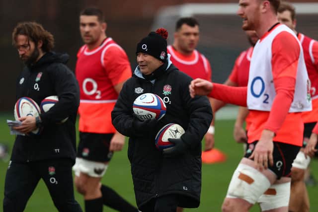 England’s coach Eddie Jones leads a training session of England’s rugby team at the Latymer Sports Ground, in west London, on February 16, 2022 ahead of the Six Nations rugby union international match against Wales