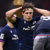 Scotland player Rory Darge reacts dejcetedly during the Guinness Six Nations match between Wales and Scotland at Principality Stadium on February 12, 2022 in Cardiff, Wales