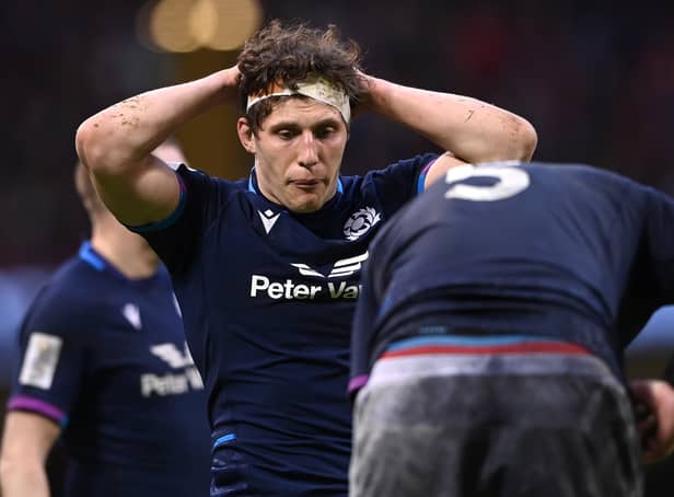 <p>Scotland player Rory Darge reacts dejcetedly during the Guinness Six Nations match between Wales and Scotland at Principality Stadium on February 12, 2022 in Cardiff, Wales</p>