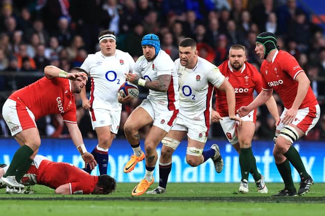 Jack Nowell of England breaks with the ball during the Guinness Six Nations Rugby match between England and Wales at Twickenham Stadium on February 26, 2022