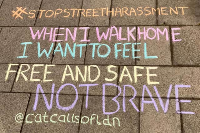 Farah Lopes and her volunteers chalk sexist insults women have recieved on London pavements to make passers-by aware of catcalling.