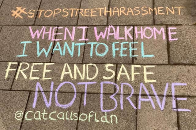 Farah Lopes and her volunteers chalk sexist insults women have recieved on London pavements to make passers-by aware of catcalling.