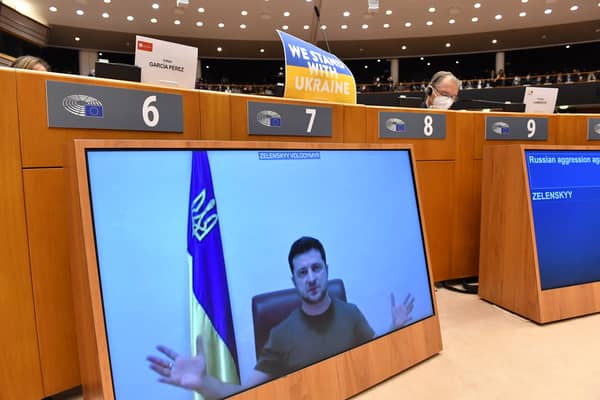  Ukrainian President Volodymyr Zelensky appeared via video link as he addressed the European Parliament on day six of the Russian invasion of Ukraine. (Credit: Getty)