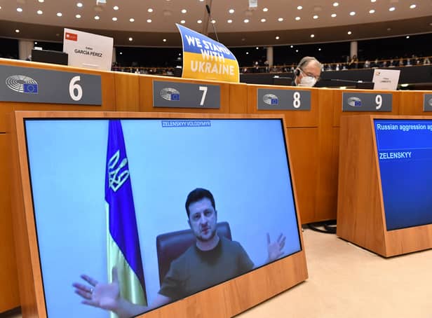 <p> Ukrainian President Volodymyr Zelensky appeared via video link as he addressed the European Parliament on day six of the Russian invasion of Ukraine. (Credit: Getty)</p>