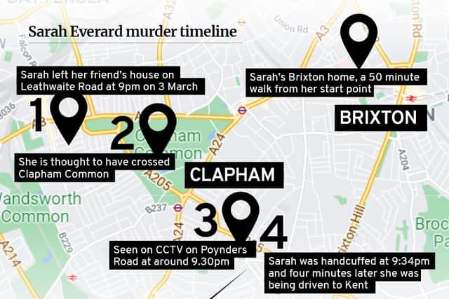 Sarah Everard was snatched as she walked home from visiting a friend in Clapham, south London, on the evening of 3 March (image: Kim Mogg)