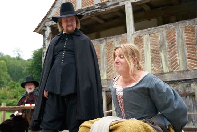 Tim Key and Daisy May Cooper in The Witchfinder (Credit: BBC/Baby Cow Productions/Steve Peskett)