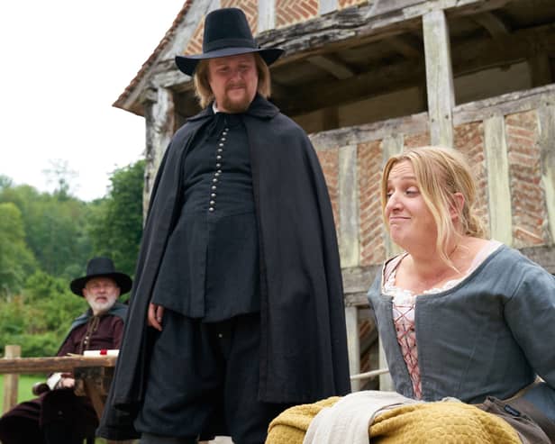 Tim Key and Daisy May Cooper in The Witchfinder (Credit: BBC/Baby Cow Productions/Steve Peskett)