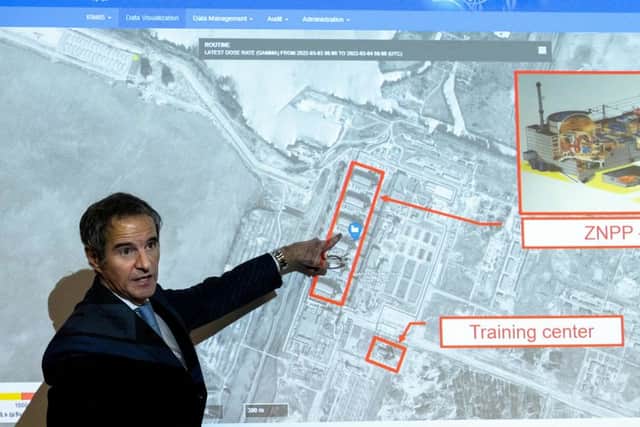 Rafael Grossi, Director General of the International Atomic Energy Agency (IAEA), points on a map of the Ukrainian Zaporizhzhia nuclear power plant as he informs the press about the situation of nuclear powerplants in Ukraine during a special press conference (Photo: JOE KLAMAR/AFP via Getty Images)
