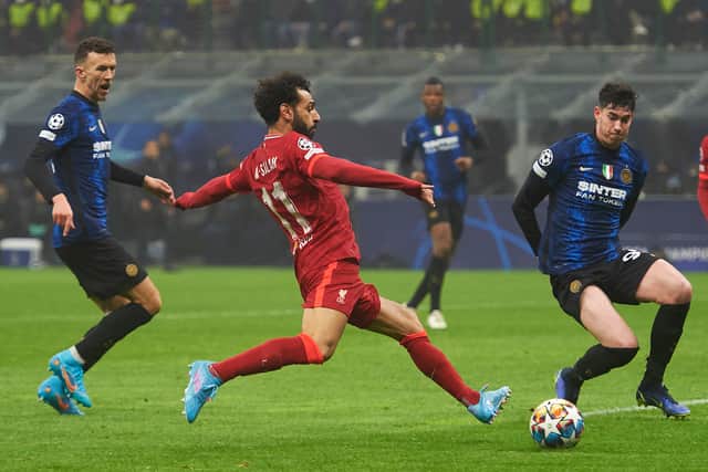Mohamed Salah of Liverpool in action during the UEFA Champions League Round Of Sixteen Leg One match between Inter and Liverpool