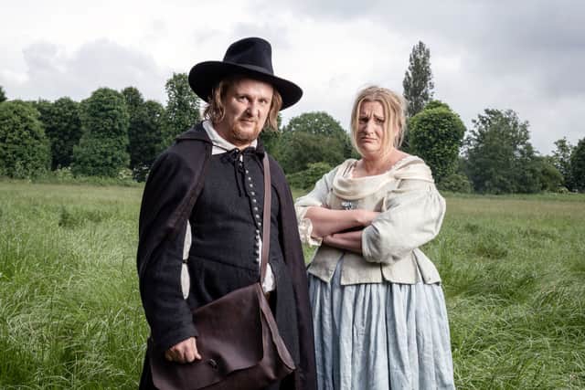 Tim Key as Gideon Bannister and Daisy May Cooper as Thomasine Gooch in The Witchfinder (Credit: BBC/Baby Cow Productions/Gary Moyes)