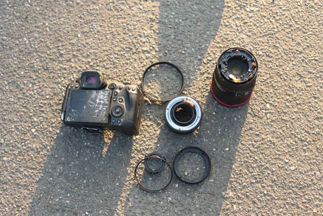 The damage caused to a camera after Dizzee Rascal took a camera from a PA Media photographer outside Wimbledon Magistrates’ Court and threw it into a road, smashing it (Photo: PA)